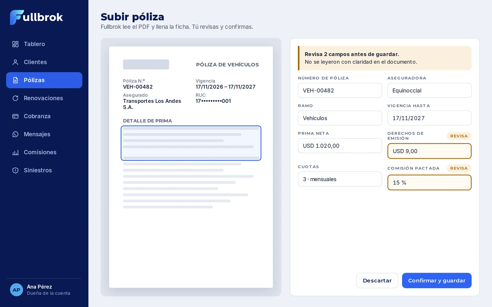 Pantalla para subir una póliza en PDF con los campos leídos y dos marcados para revisar