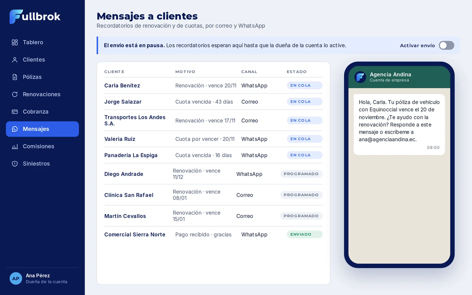 Cola de recordatorios a clientes con el envío en pausa y vista previa de WhatsApp